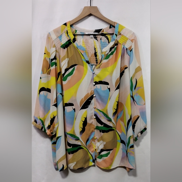 Rose + Olive Floral Button Blouse Women's 2X Multicolor Artsy Retro 90s Festival - Picture 1 of 8